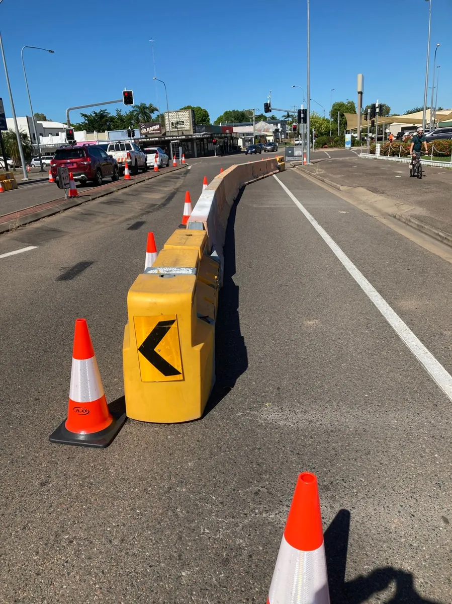 JJ Hook concrete barriers with chevron end treatment in Townsville CBD